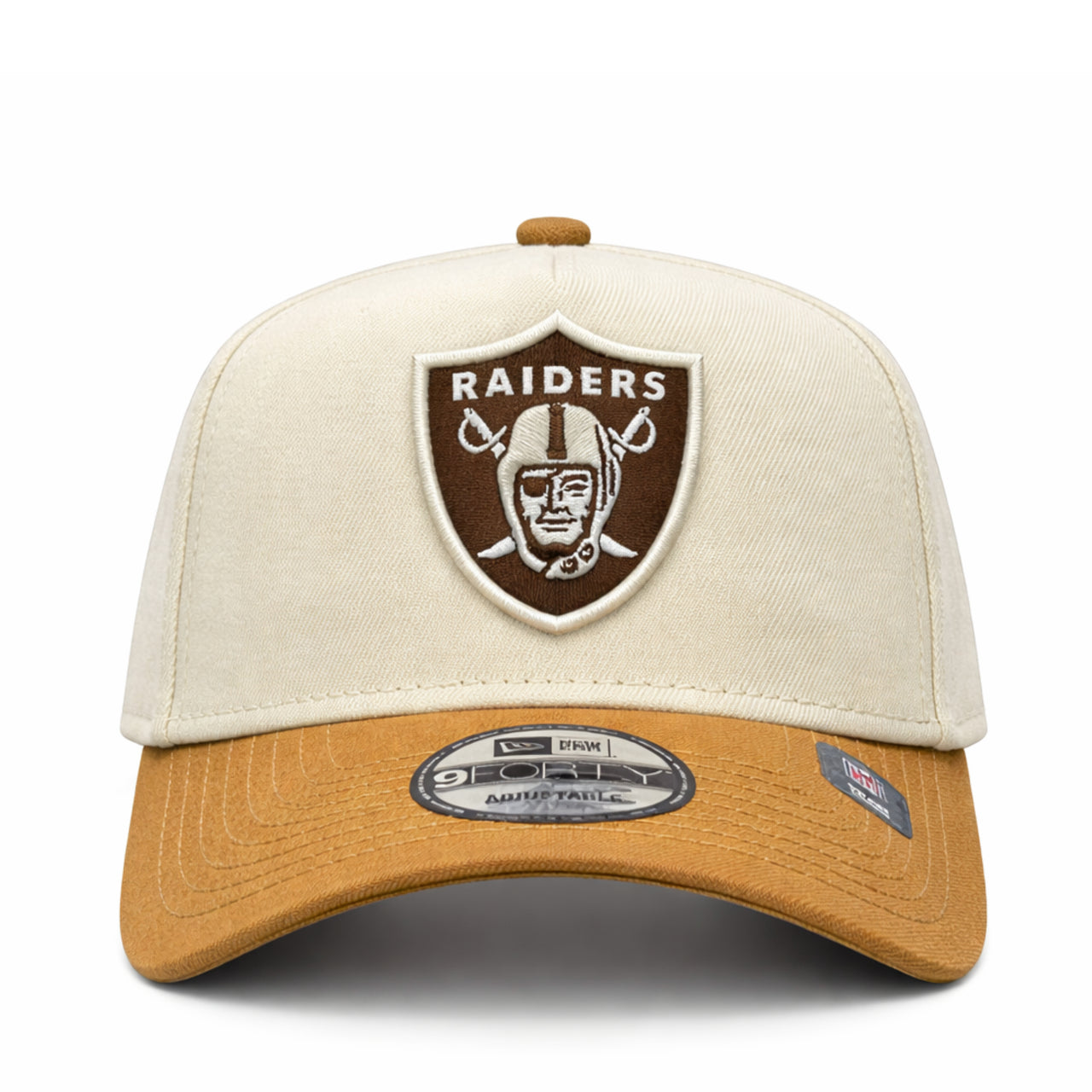 front of New Era Las Vegas Raiders A-Frame 9FORTY Snapback-Chrome/Toasted Peanut