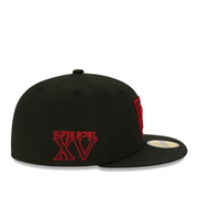 side of New Era Las Vegas Raiders Super Bowl XVIII Black Red XV 59FIFTY Fitted Hat