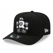 New Era Las Vegas Raiders Cartoon Black 9FIFTY A-FRAME Snapback Hat front left angled view