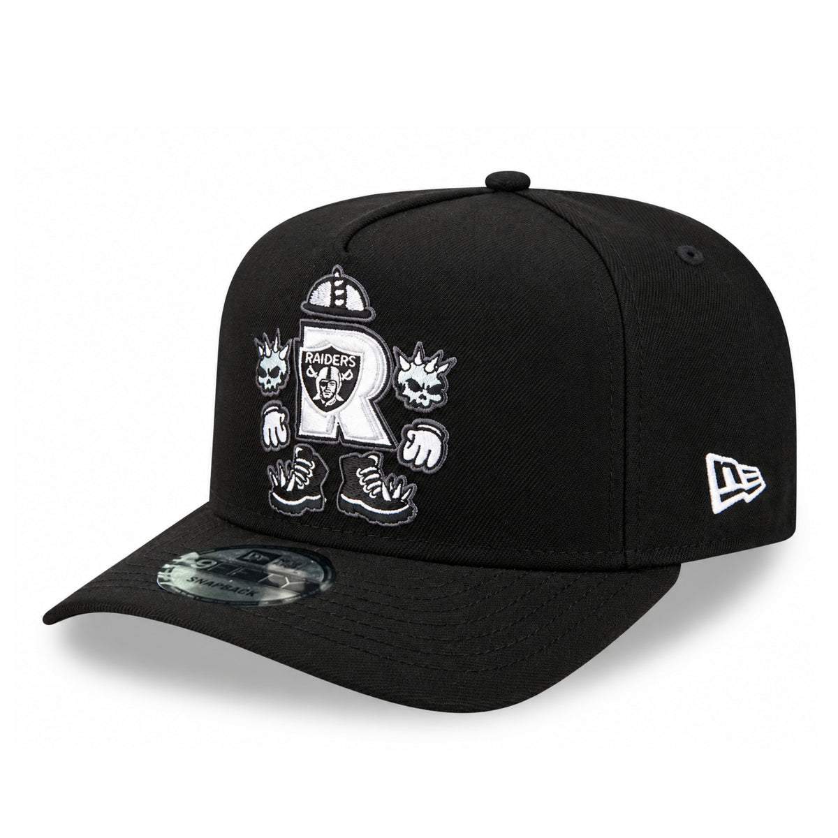 New Era Las Vegas Raiders Cartoon Black 9FIFTY A-FRAME Snapback Hat front left angled view