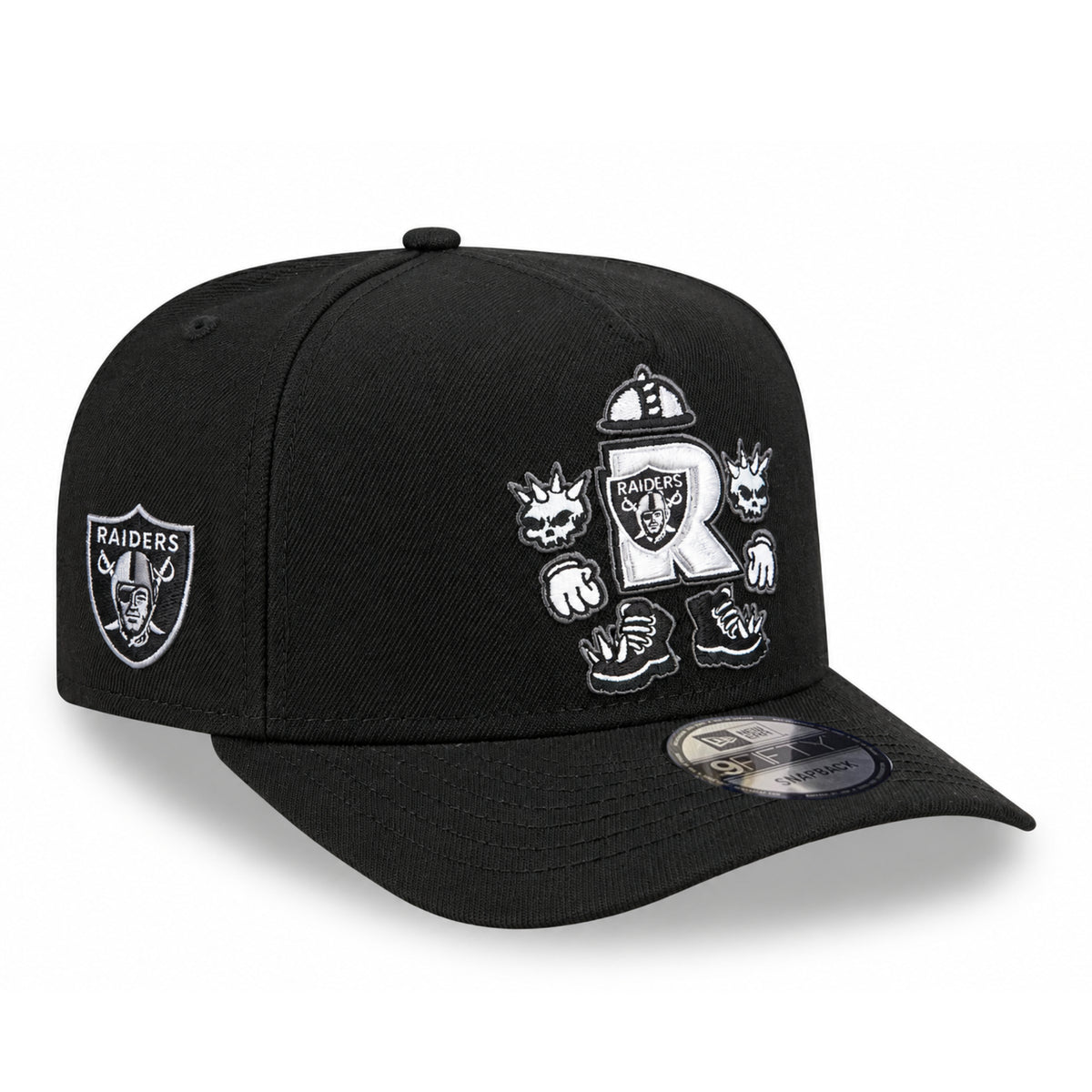 New Era Las Vegas Raiders Cartoon Black 9FIFTY A-FRAME Snapback Hat front right angled view