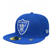 Royal blue Las Vegas Raiders New Era 59FIFTY fitted cap featuring a white embroidered team logo on the front and gold authenticity sticker on the flat brim, photographed against a white background.