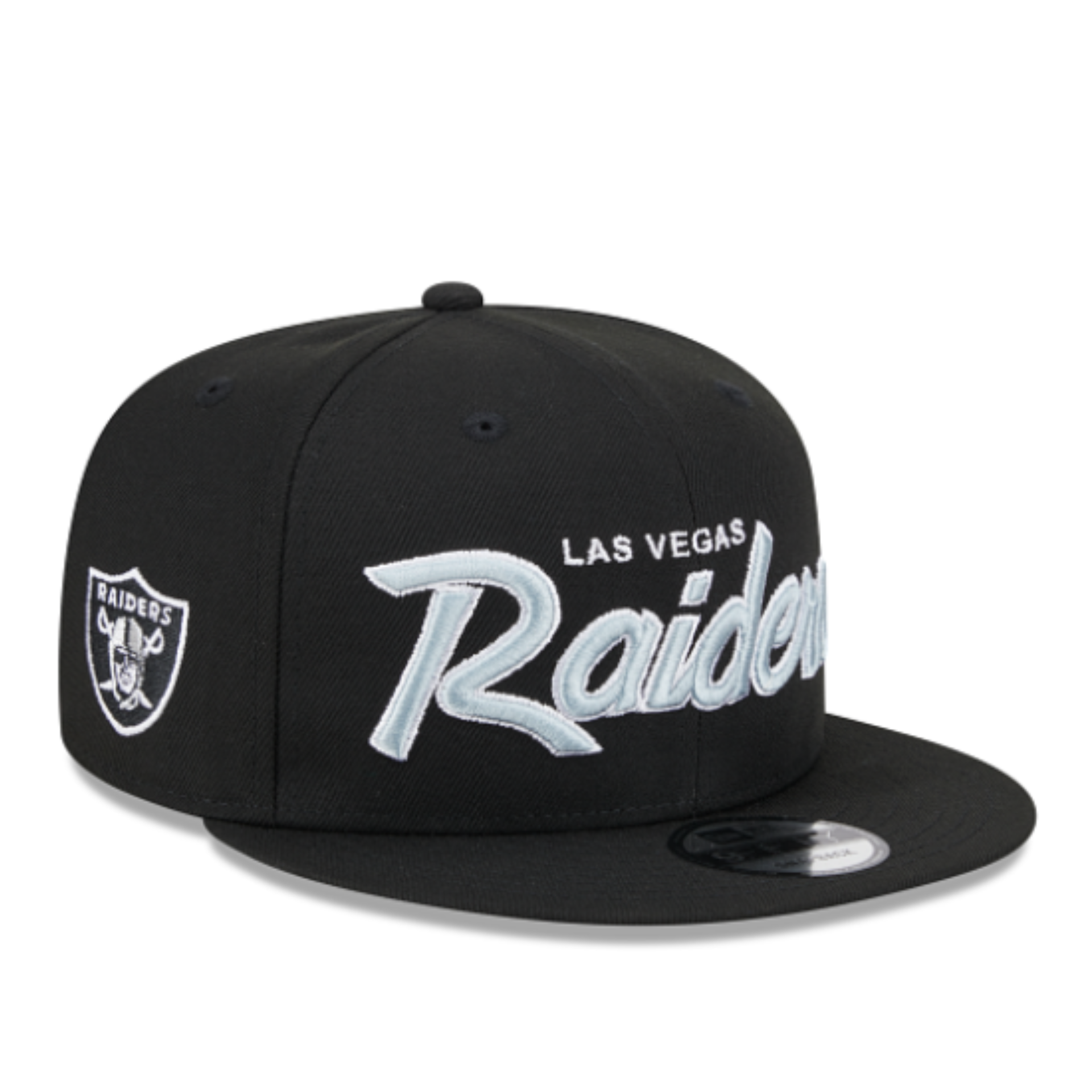 New Era Las Vegas Raiders Script Black 9FIFTY Snapback Hat Front Angle view