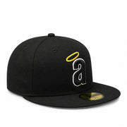 angled view of New Era Los Angeles Anaheim Angels Cooperstown 59FIFTY fitted hat in black with lowercase Angels logo and yellow halo.