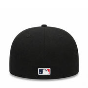 back view of New Era Los Angeles Anaheim Angels Cooperstown 59FIFTY fitted hat in black with lowercase Angels logo and yellow halo.