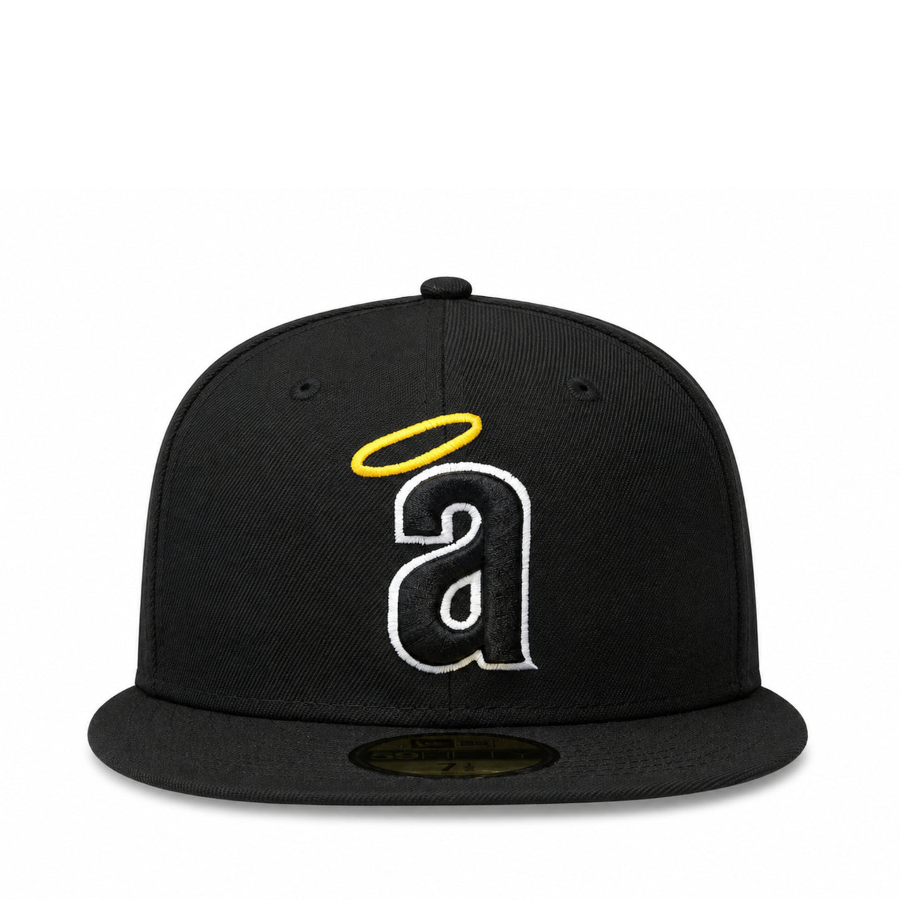 front view of New Era Los Angeles Anaheim Angels Cooperstown 59FIFTY fitted hat in black with lowercase Angels logo and yellow halo.