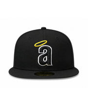 front view of New Era Los Angeles Anaheim Angels Cooperstown 59FIFTY fitted hat in black with lowercase Angels logo and yellow halo.