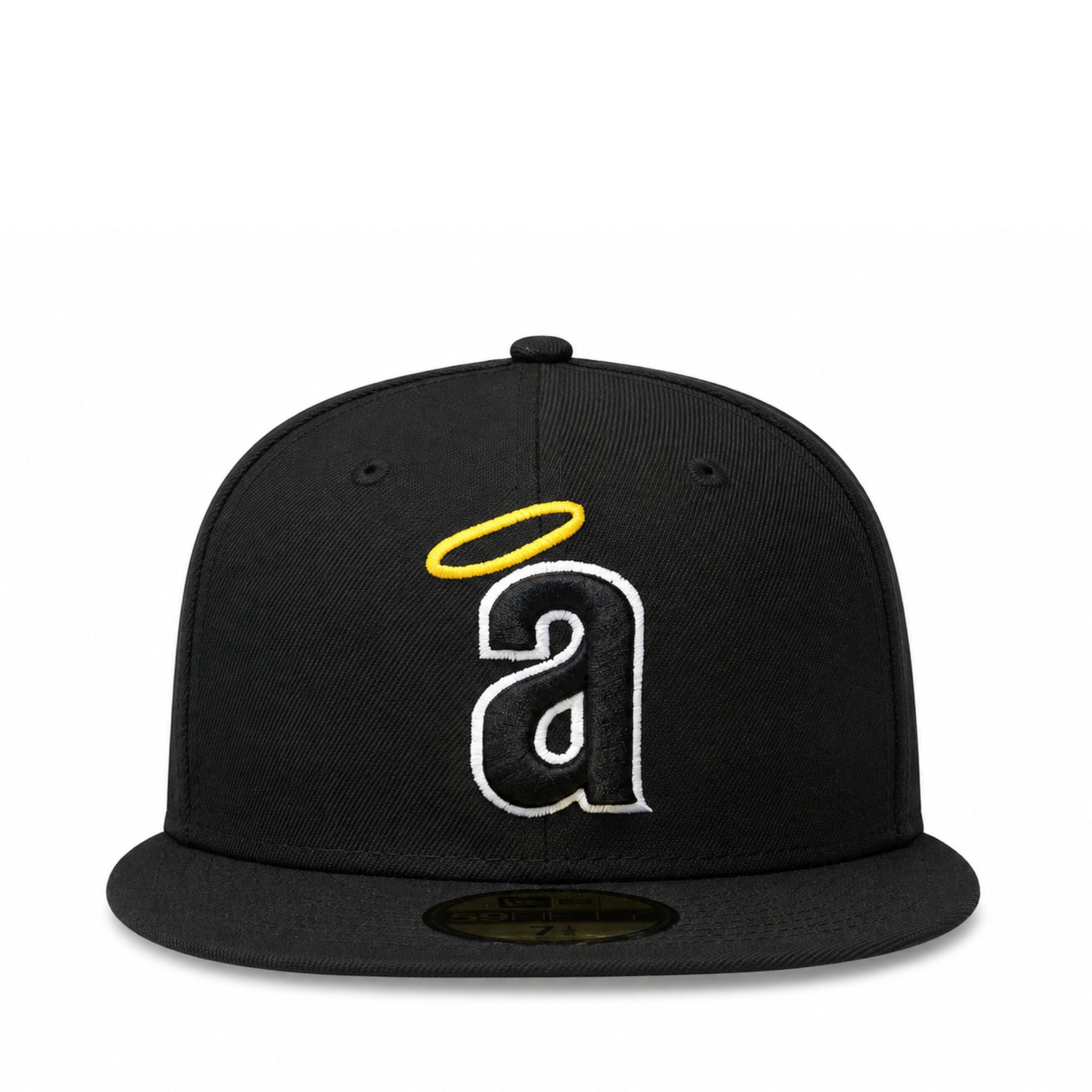 front view of New Era Los Angeles Anaheim Angels Cooperstown 59FIFTY fitted hat in black with lowercase Angels logo and yellow halo.