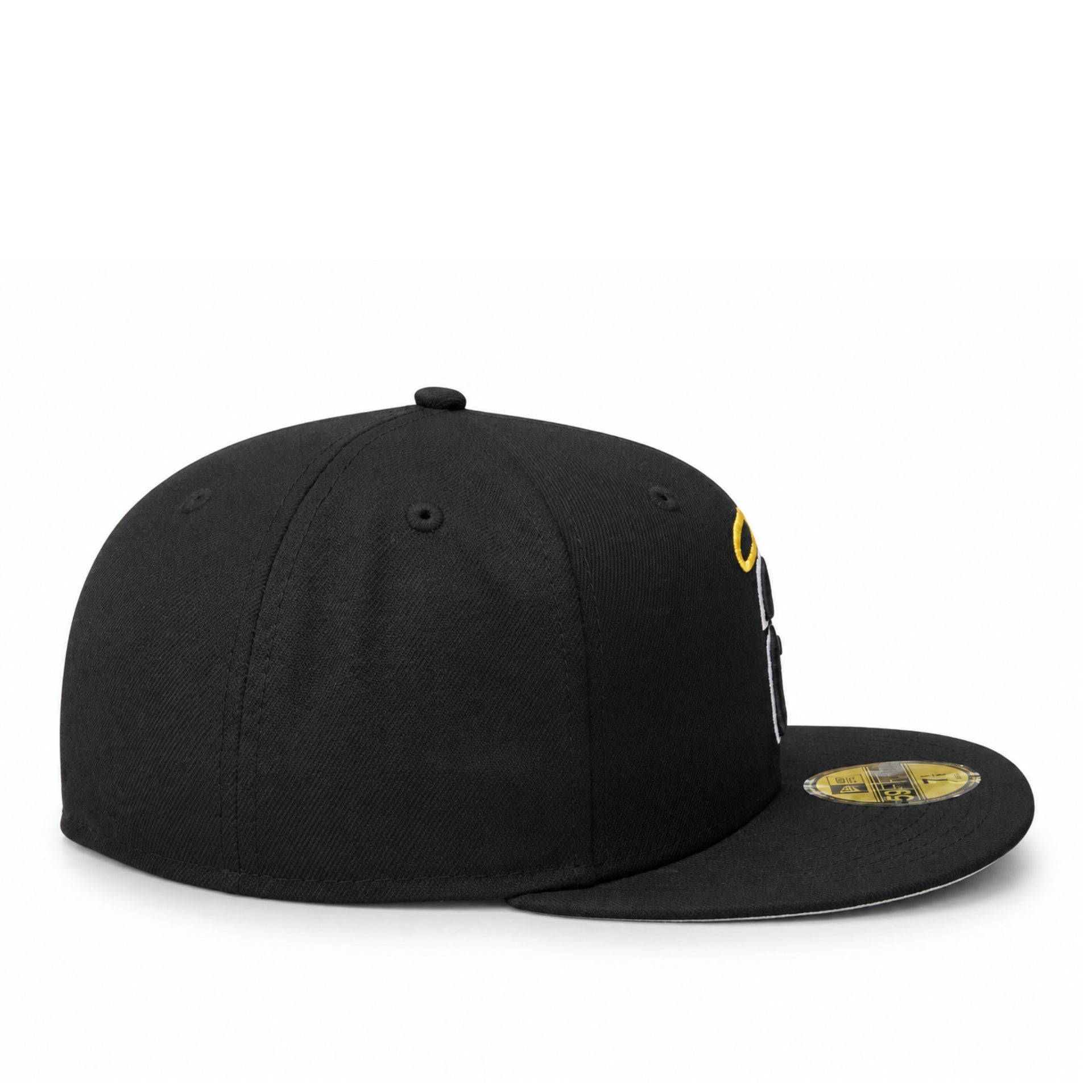 side view of New Era Los Angeles Anaheim Angels Cooperstown 59FIFTY fitted hat in black with lowercase Angels logo and yellow halo.