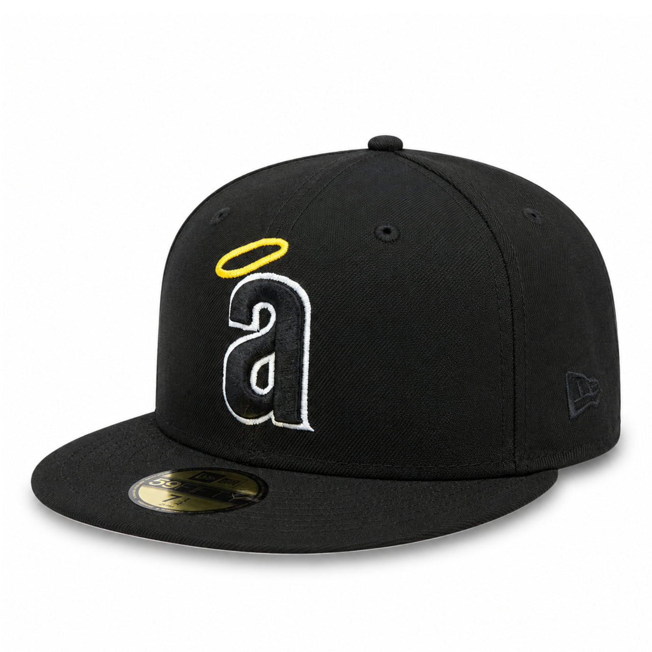 New Era Los Angeles Anaheim Angels Cooperstown 59FIFTY fitted hat in black with lowercase Angels logo and yellow halo.