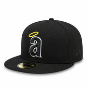 New Era Los Angeles Anaheim Angels Cooperstown 59FIFTY fitted hat in black with lowercase Angels logo and yellow halo.
