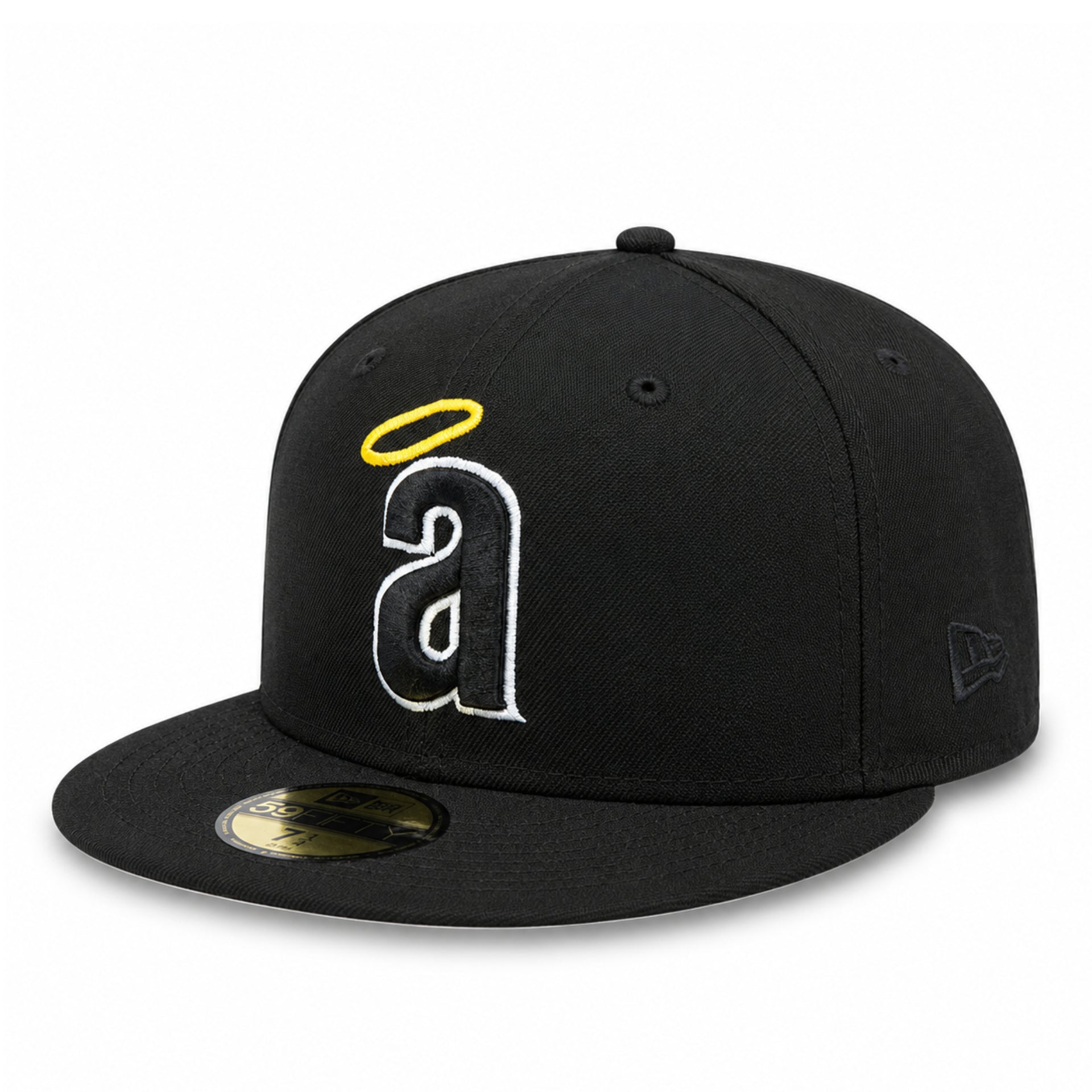 New Era Los Angeles Anaheim Angels Cooperstown 59FIFTY fitted hat in black with lowercase Angels logo and yellow halo.
