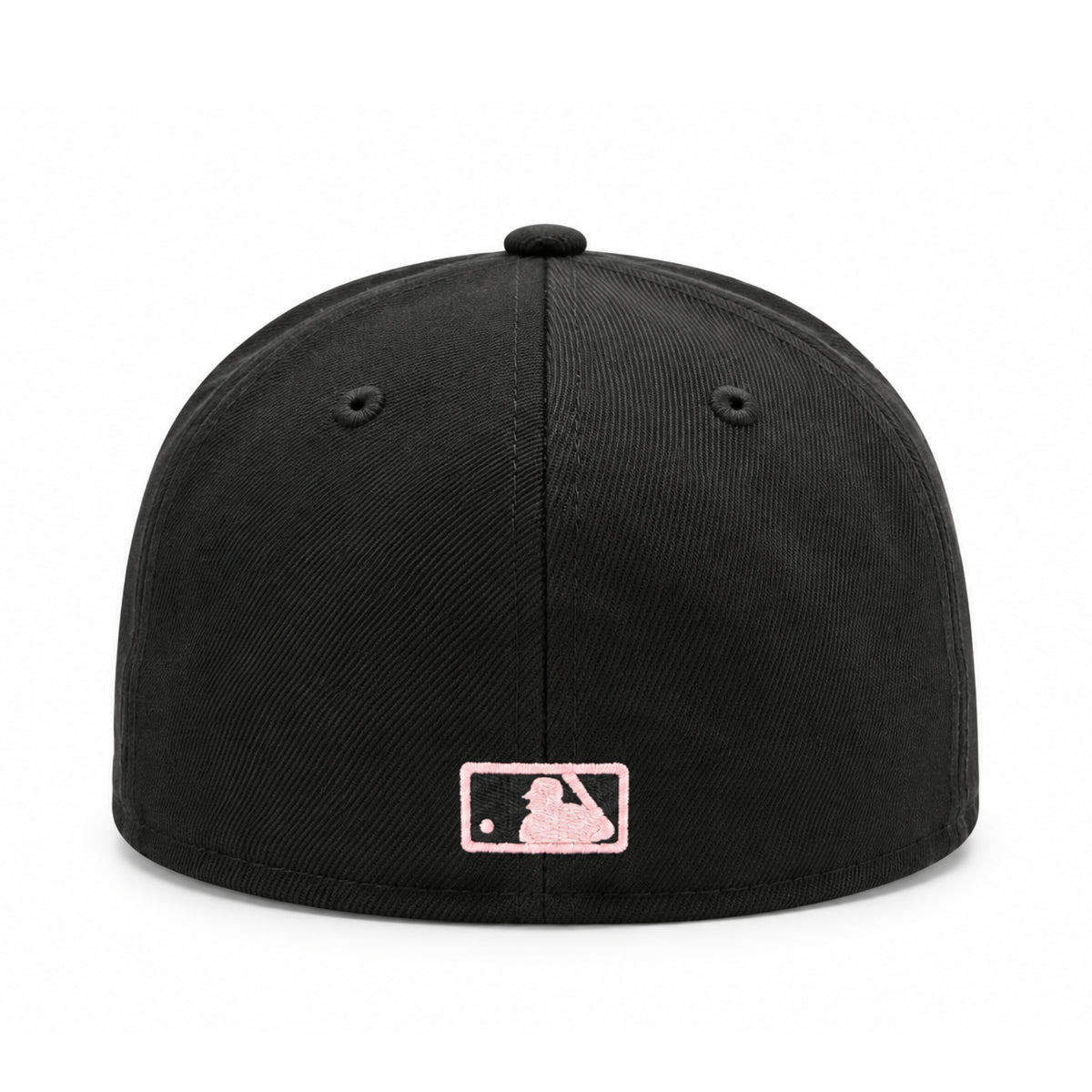 Rear view of the black New Era Los Angeles Angels 59FIFTY fitted cap featuring a pink embroidered MLB batterman logo and fitted closed back