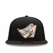 Front view of New Era Los Angeles Angels Cooperstown 59FIFTY fitted cap with pink winged A logo, white wings and metallic gold embroidery on a black crown