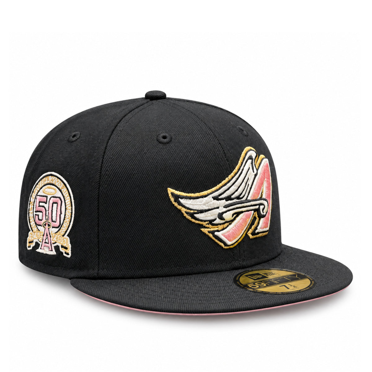 New Era Los Angeles Angels 50th Anniversary Cooperstown 59FIFTY fitted hat in black with pink and gold winged A logo, anniversary side patch and flat brim