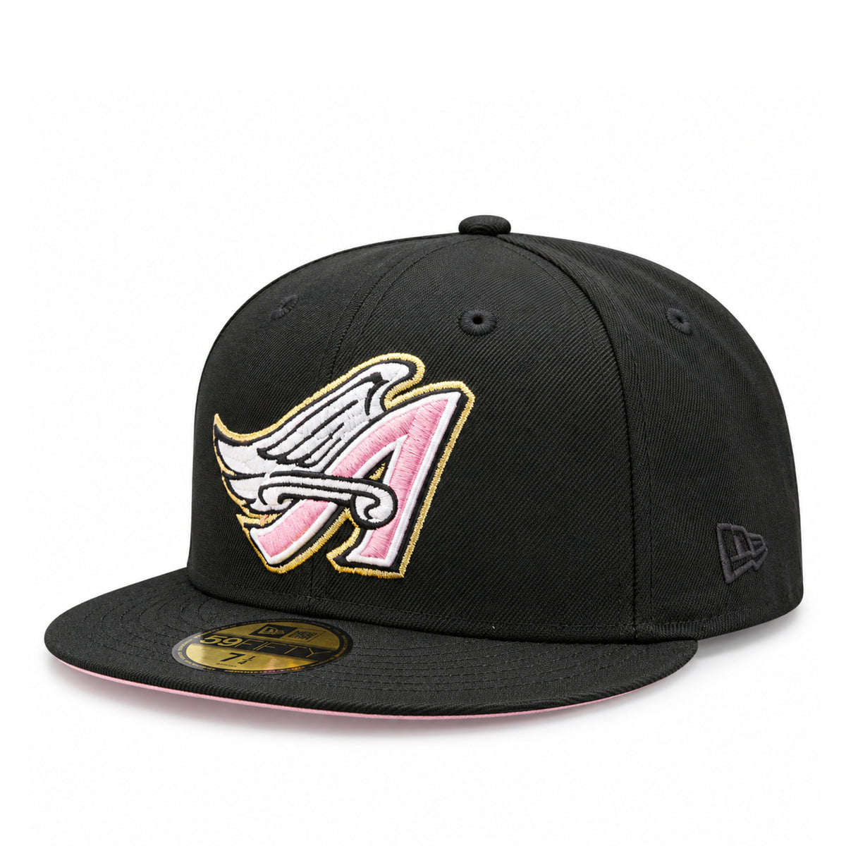 Opposite angled view of the Los Angeles Angels black 59FIFTY fitted hat showing the embroidered winged A logo and tonal black New Era side flag