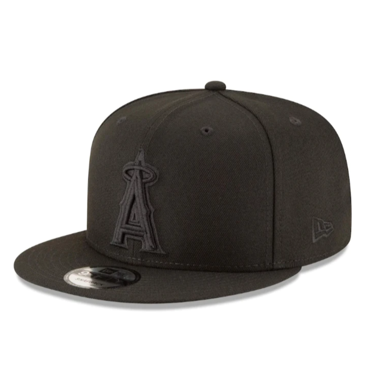 New Era Los Angeles Angels Black on Black 9FIFTY Snapback Hat front left view