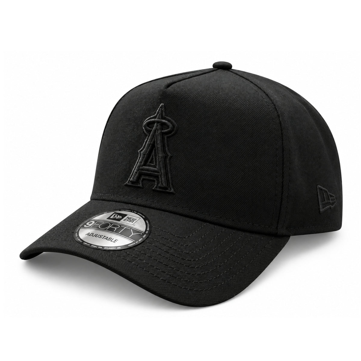 New Era Los Angeles Angels Black on Black 9FORTY A-Frame Snapback Hat front angled view