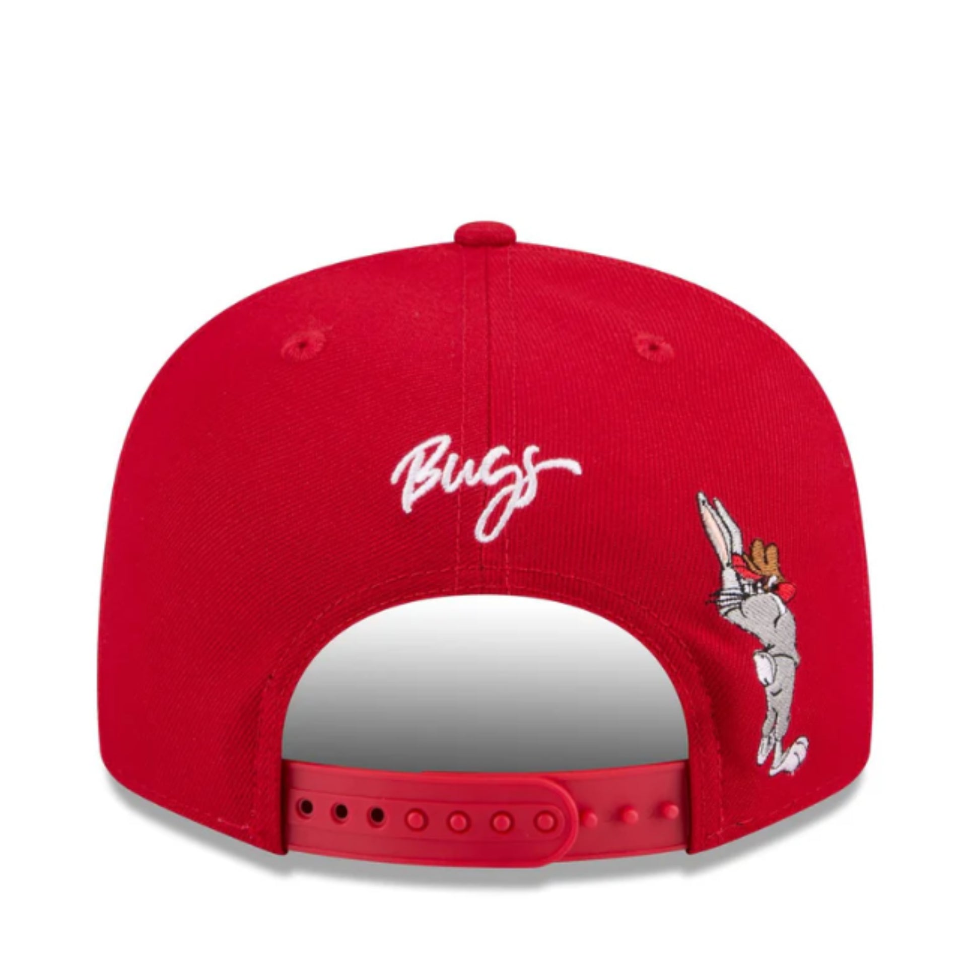 Red cap with 'Bugs' logo and cartoon character on a white background