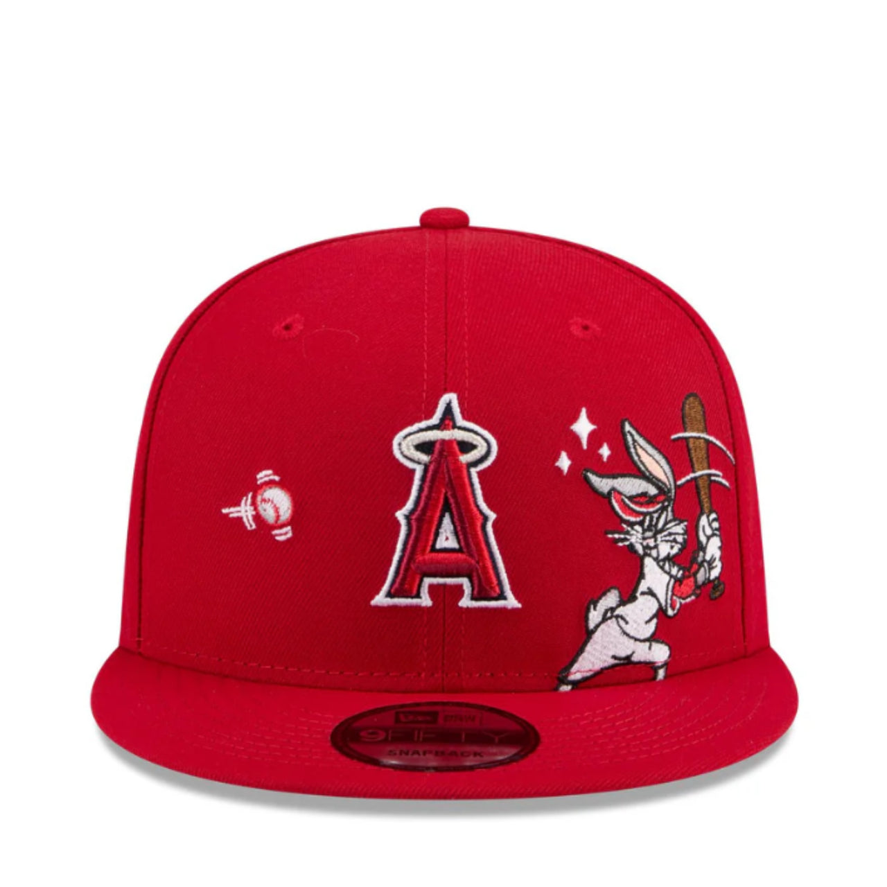 Red baseball cap with a logo and cartoon character on a white background
