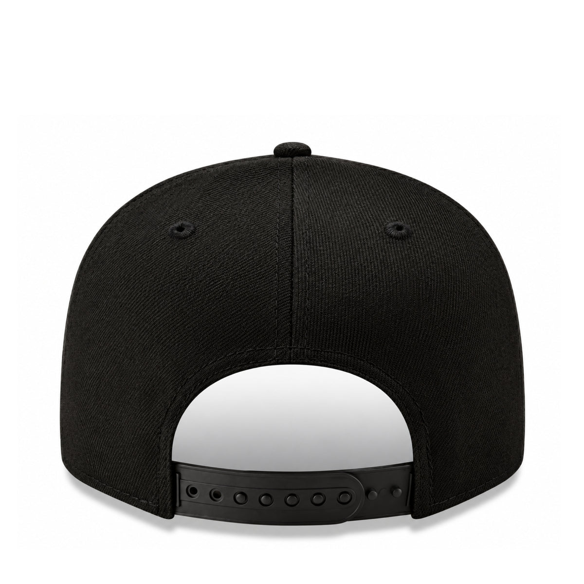 Rear view of New Era Los Angeles Angels black 9FIFTY hat showing the adjustable black snapback closure