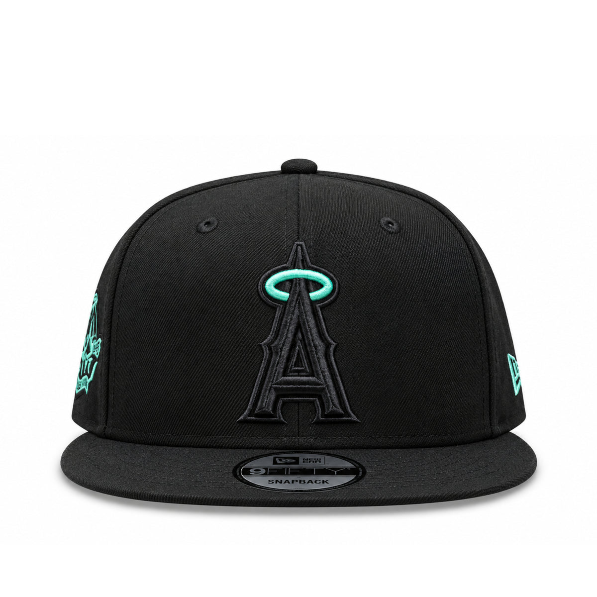 Front view of Los Angeles Angels New Era 9FIFTY black snapback hat with black embroidered A and mint green halo