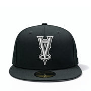 front view of New Era Los Angeles Angels Upside Down 50th Anniversary Black 59FIFTY Fitted Hat