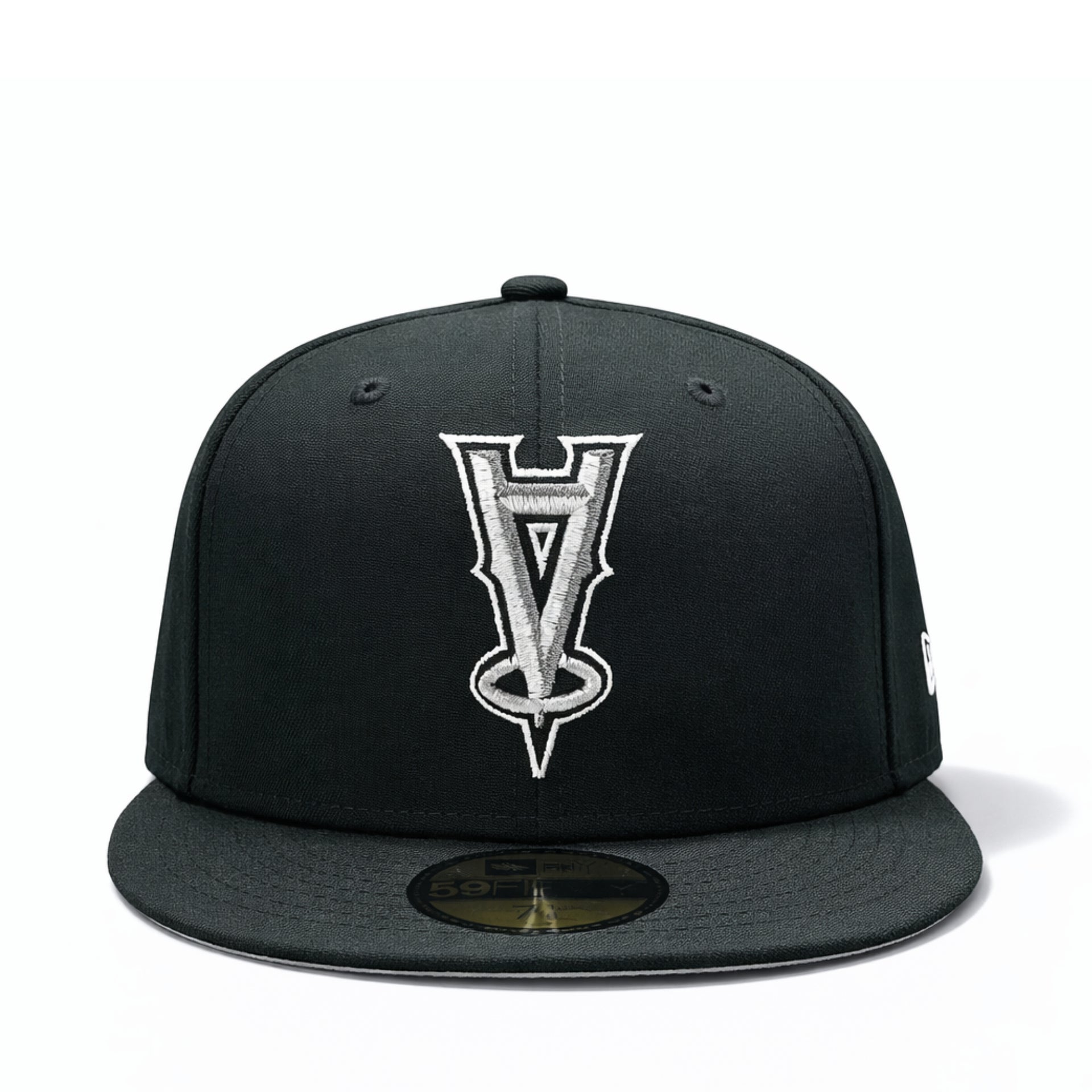 front view of New Era Los Angeles Angels Upside Down 50th Anniversary Black 59FIFTY Fitted Hat