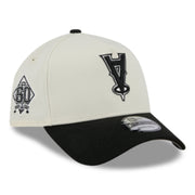 New Era Los Angeles Angels Upside Down Chrome Black 9FORTY A-Frame Snapback Hat front right angle view