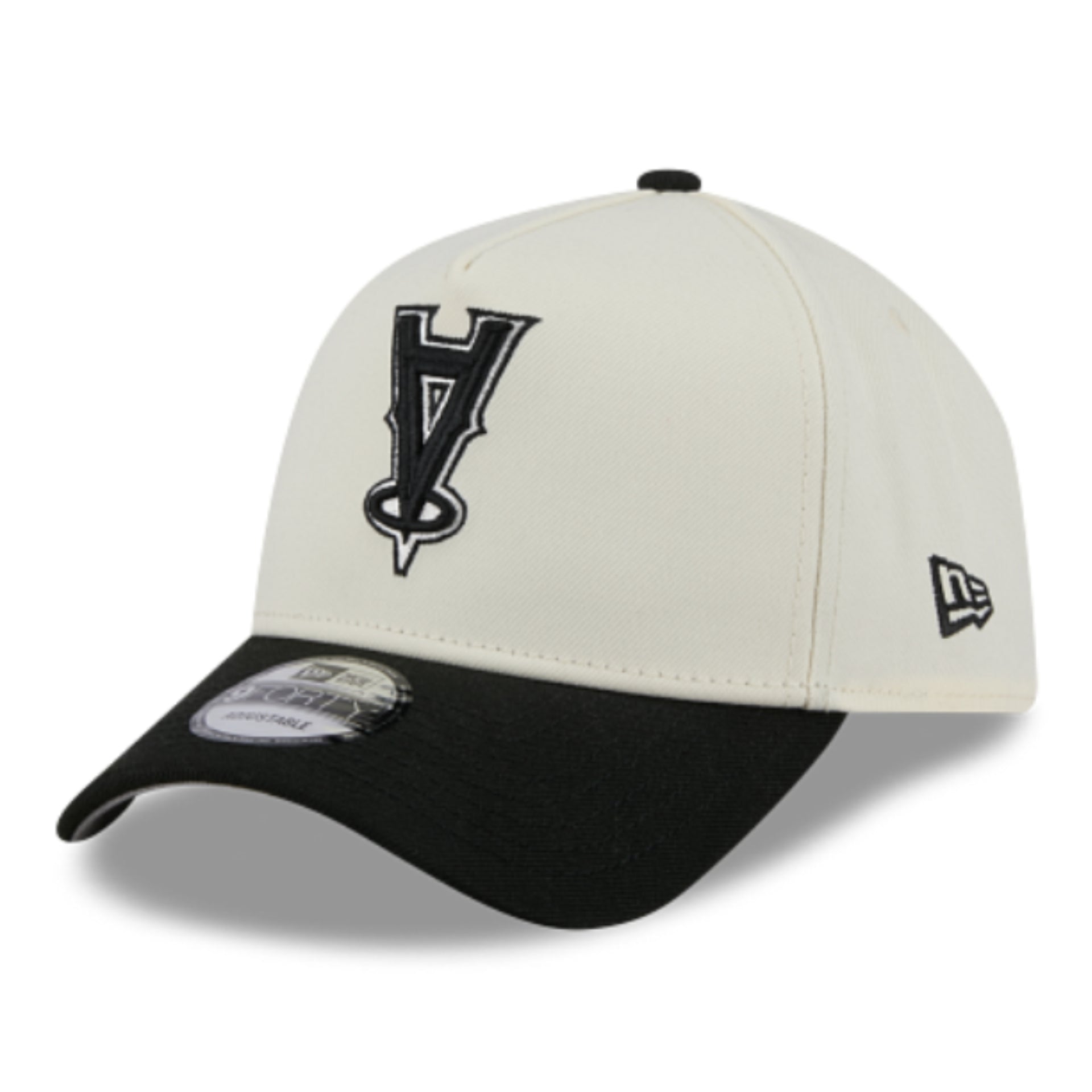 New Era Los Angeles Angels Upside Down Chrome Black 9FORTY A-Frame Snapback Hat front left angle view