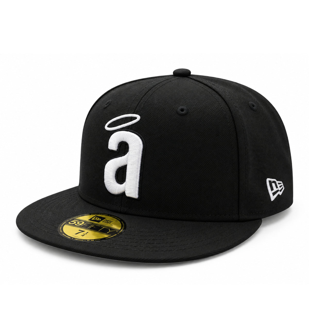 New Era Los Angeles Anaheim Angels Black White Halo 59FIFTY Fitted Hat front angled view