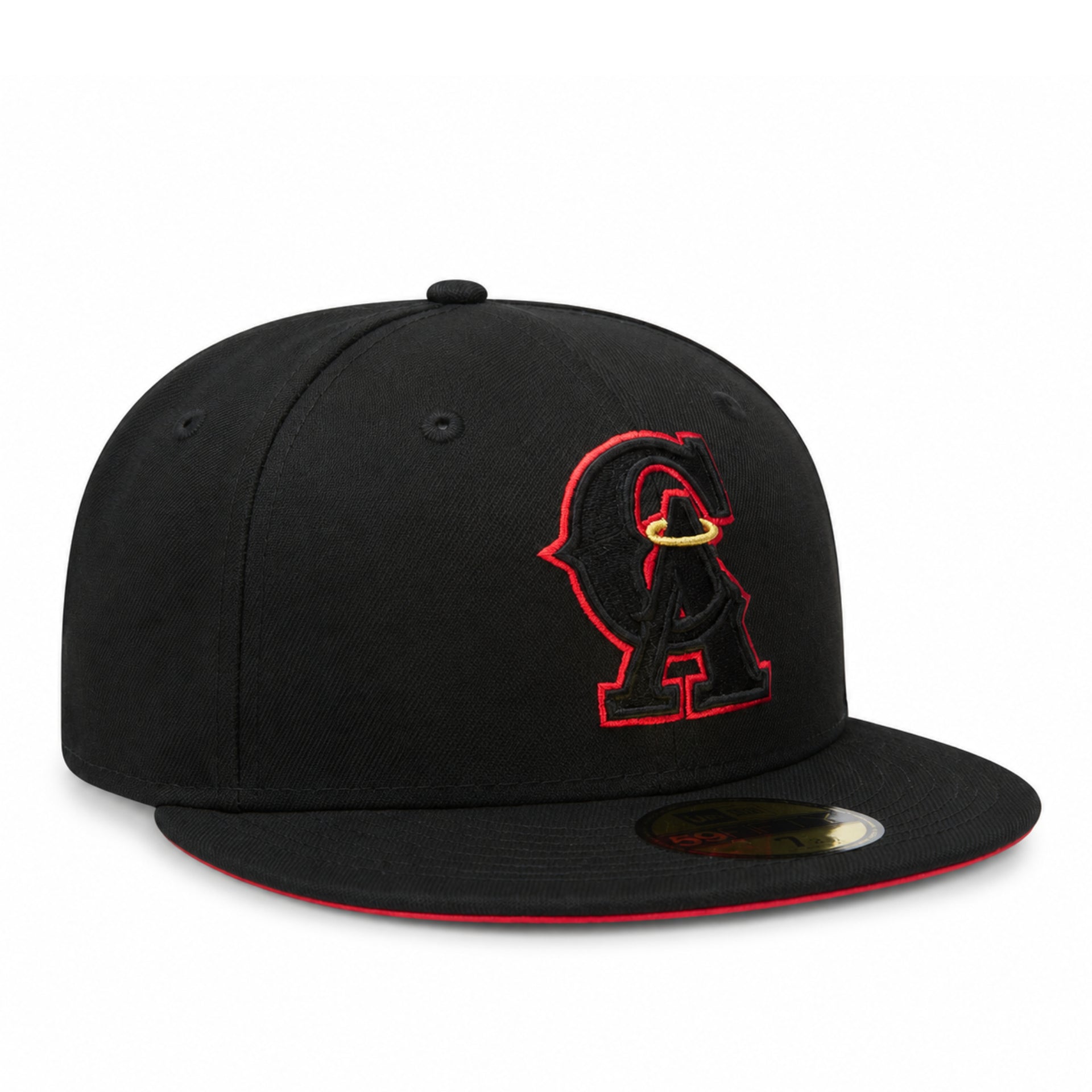 angled view of New Era Los Angeles California Angels CA 59FIFTY fitted hat in black with red Angels CA logo and red undervisor.