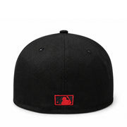back view of New Era Los Angeles California Angels CA 59FIFTY fitted hat in black with red Angels CA logo and red undervisor.
