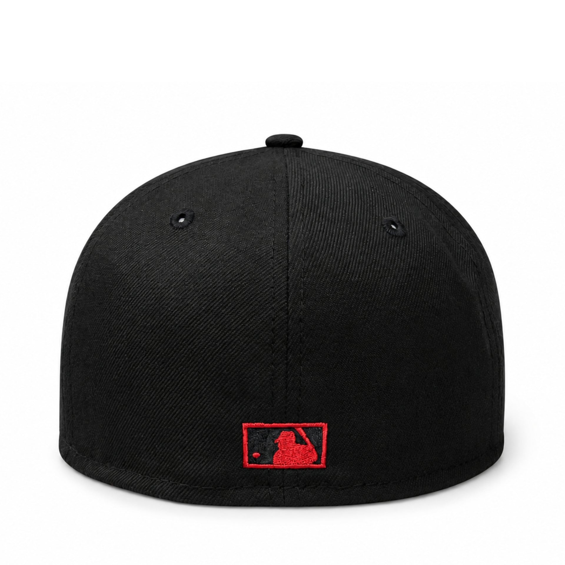 back view of New Era Los Angeles California Angels CA 59FIFTY fitted hat in black with red Angels CA logo and red undervisor.