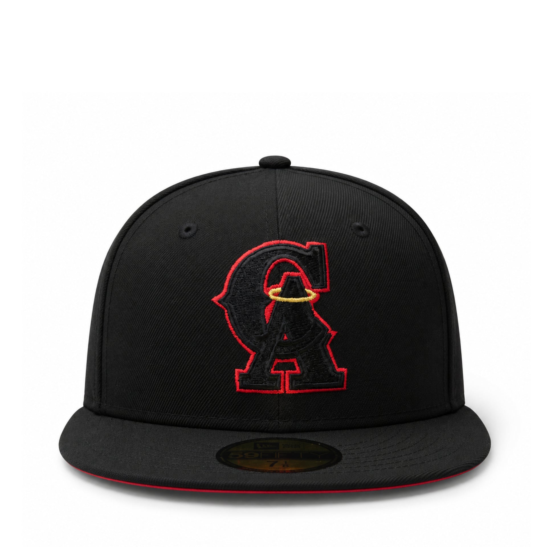 front view of New Era Los Angeles California Angels CA 59FIFTY fitted hat in black with red Angels CA logo and red undervisor.