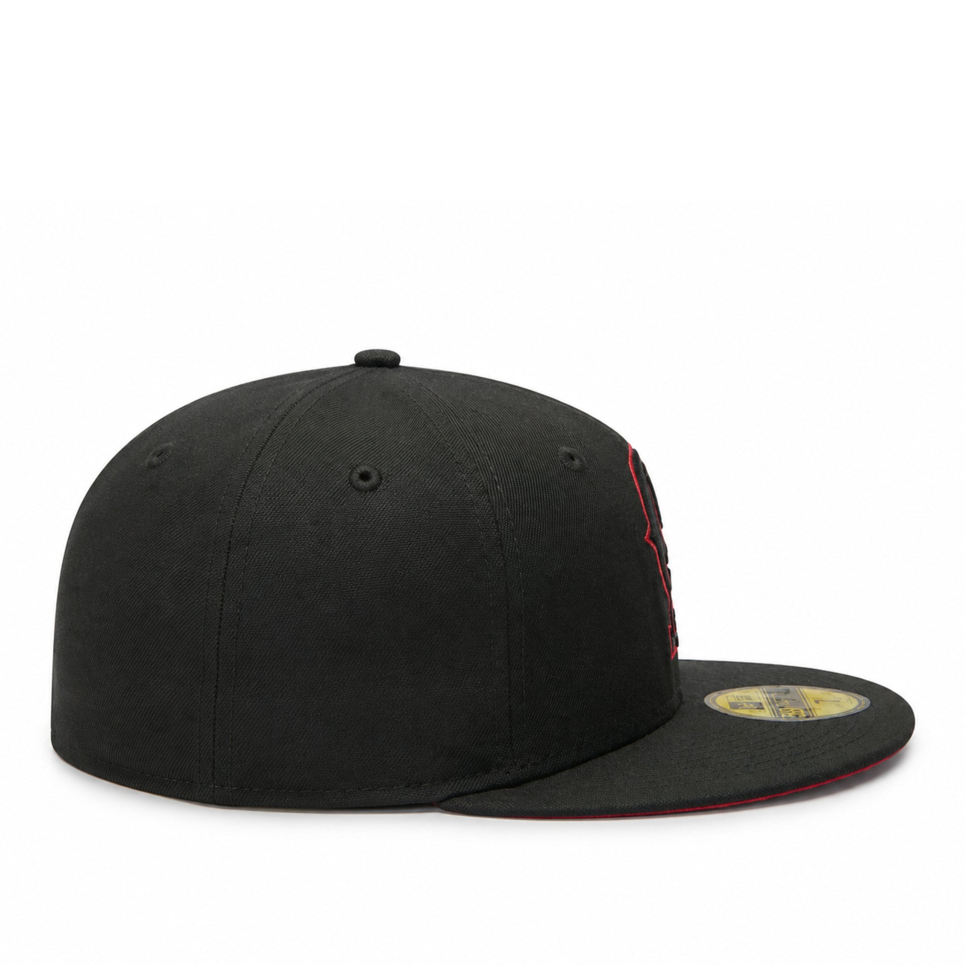 side view of New Era Los Angeles California Angels CA 59FIFTY fitted hat in black with red Angels CA logo and red undervisor.