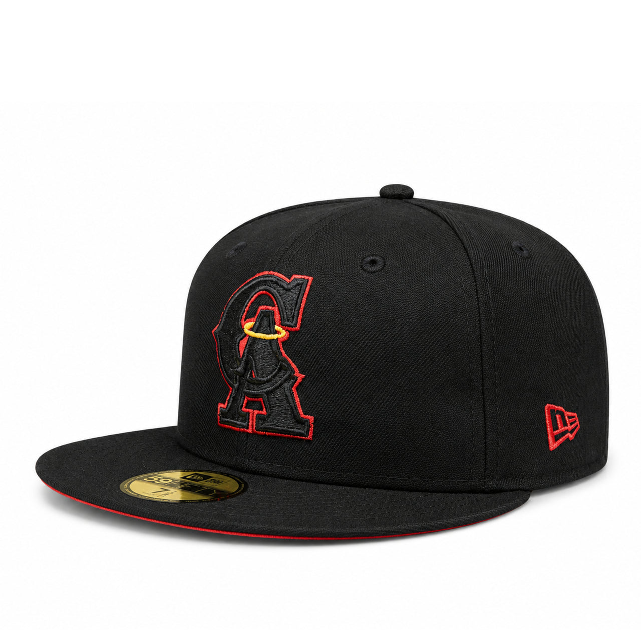 New Era Los Angeles California Angels CA 59FIFTY fitted hat in black with red Angels CA logo and red undervisor.