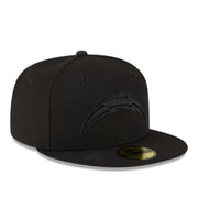 New Era Los Angeles Chargers Black on Black 59FIFTY Fitted Hat front side view