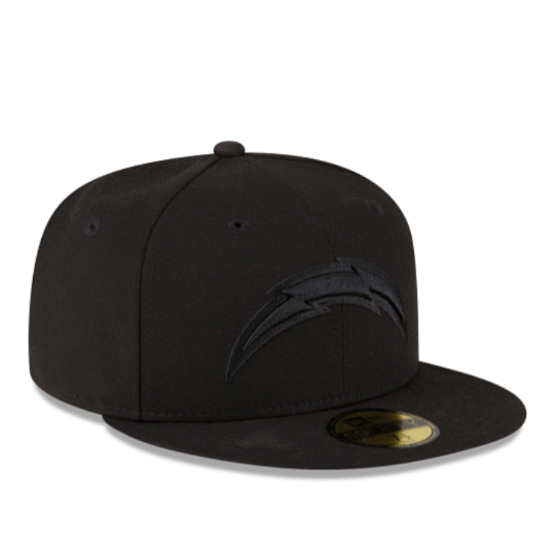 New Era Los Angeles Chargers Black on Black 59FIFTY Fitted Hat front side view