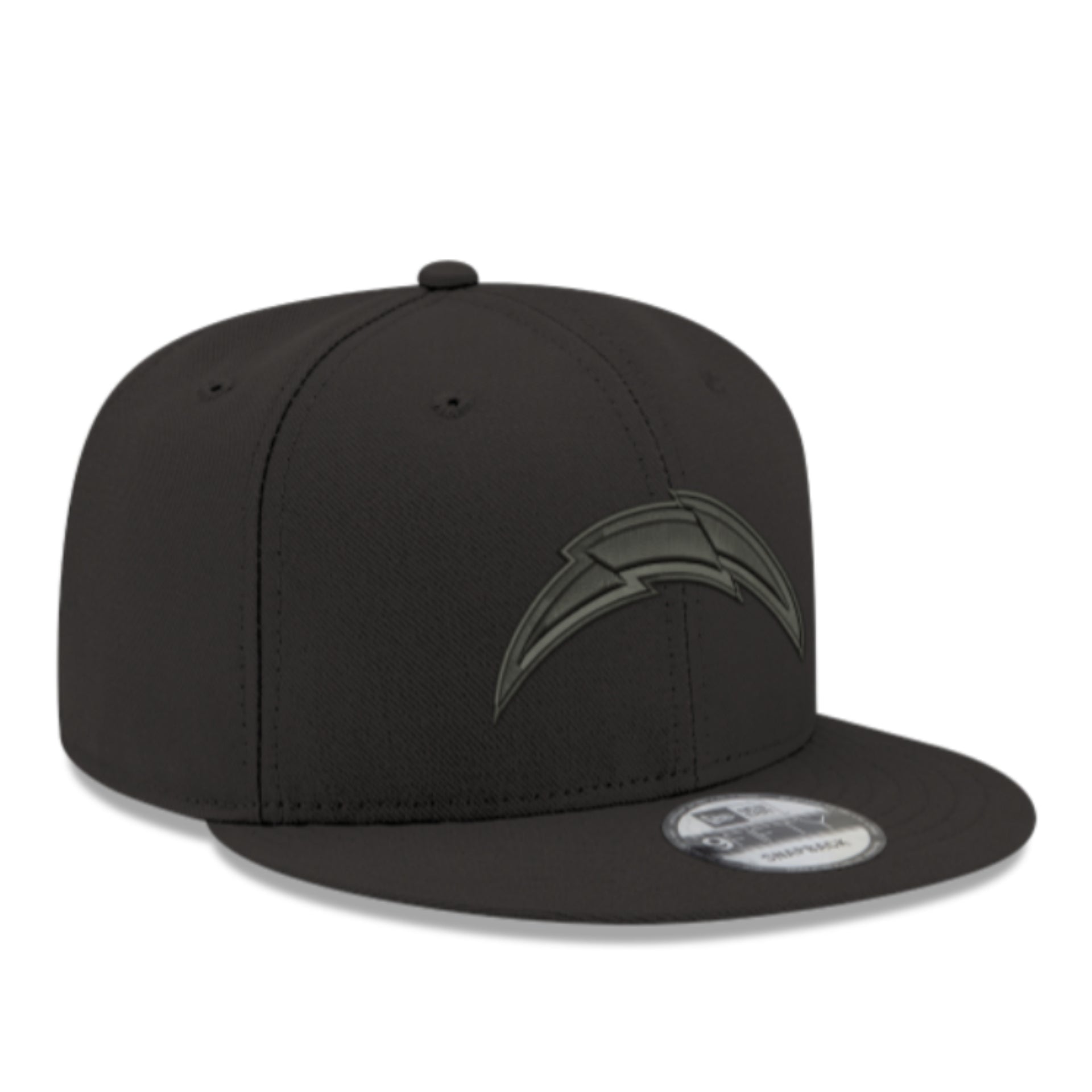 New Era Los Angeles Chargers Black on Black 9FIFTY Snapback Hat front right view