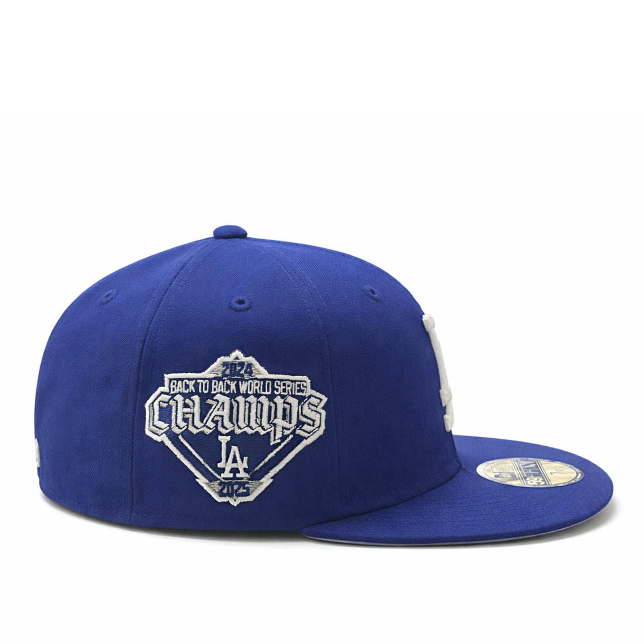 side patch of New Era Los Angeles Dodgers World Series Back to Back 2025 Champs Royal Blue 59FIFTY Fitted Hat