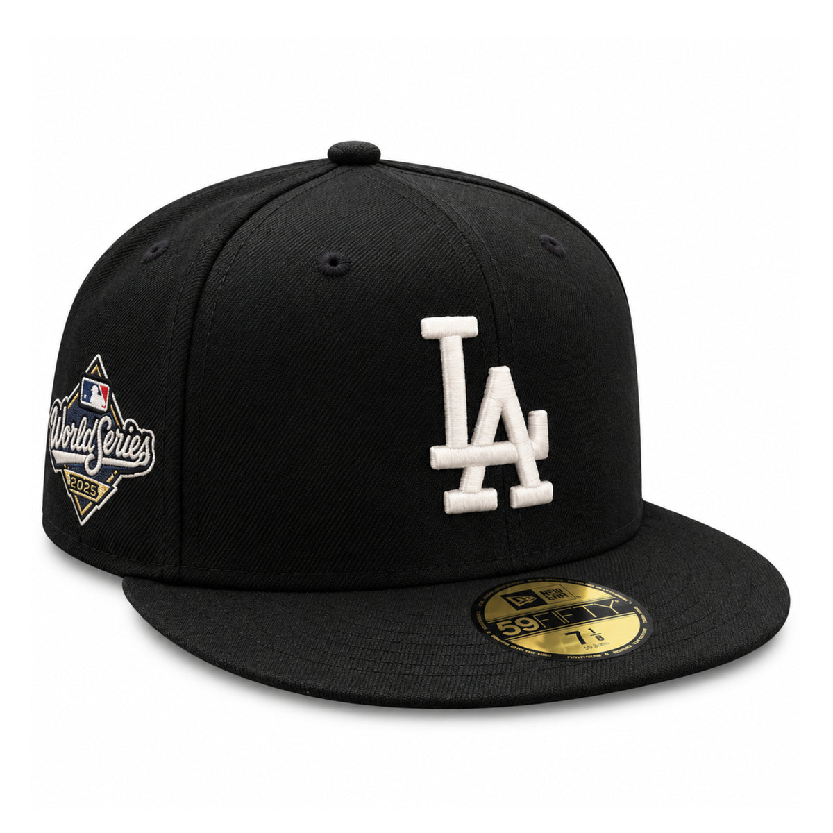 New Era Los Angeles Dodgers 2025 World Series Black Gold 59FIFTY Fitted Hat front angled view