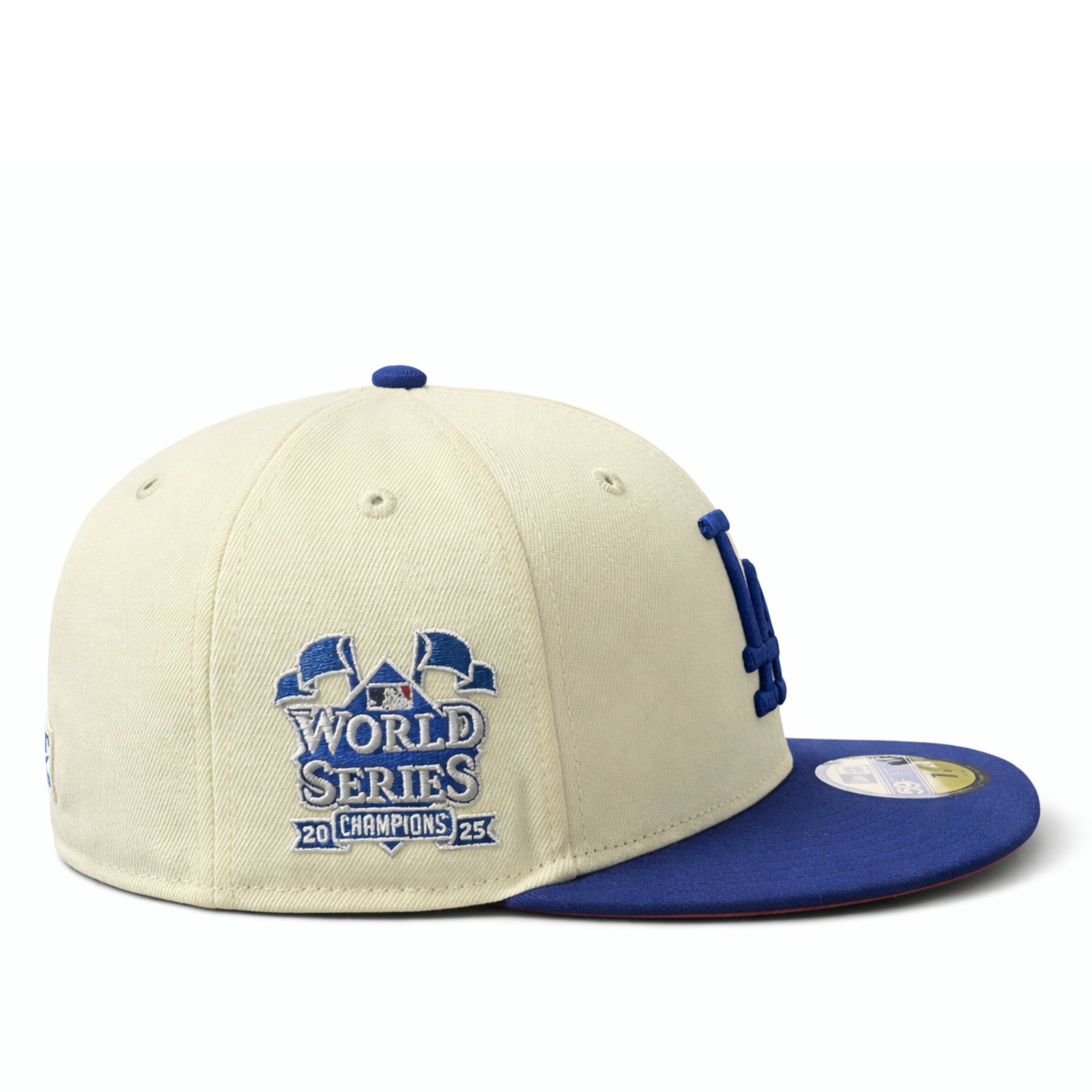 side patch of New Era Los Angeles Dodgers 2025 World Series Champion 59FIFTY Fitted Hat - Chrome Blue