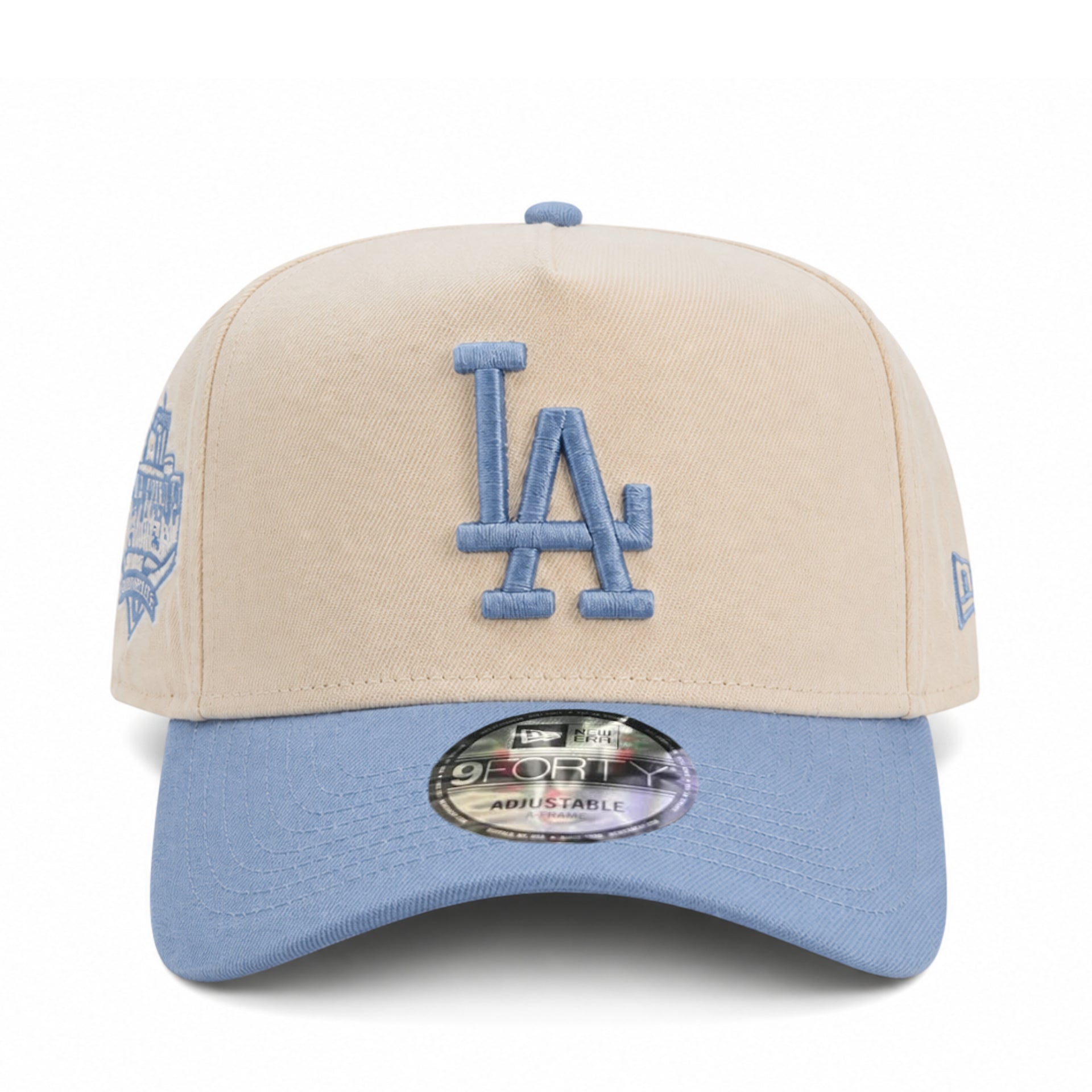 Front view of New Era Los Angeles Dodgers 40th Stadium 9FORTY A-Frame Snapback Hat Chrome Sky Blue