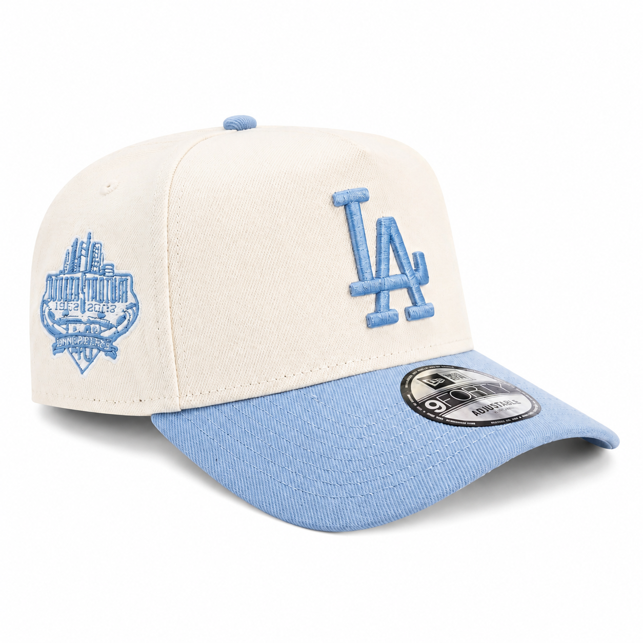Baseball cap with blue and white design on a white background