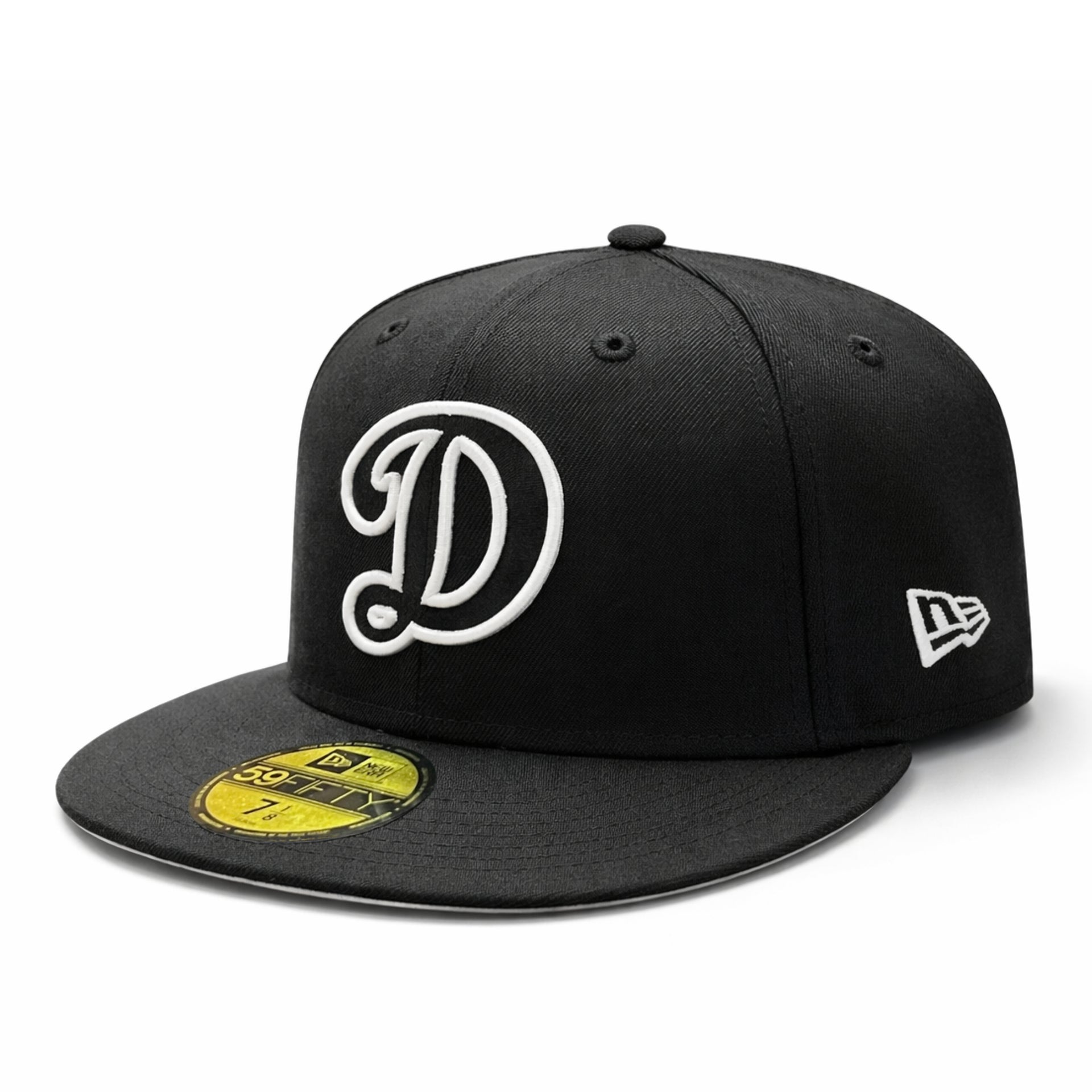 side view of New Era Los Angeles Dodgers D Logo Black White Outline 59FIFTY Fitted Hat