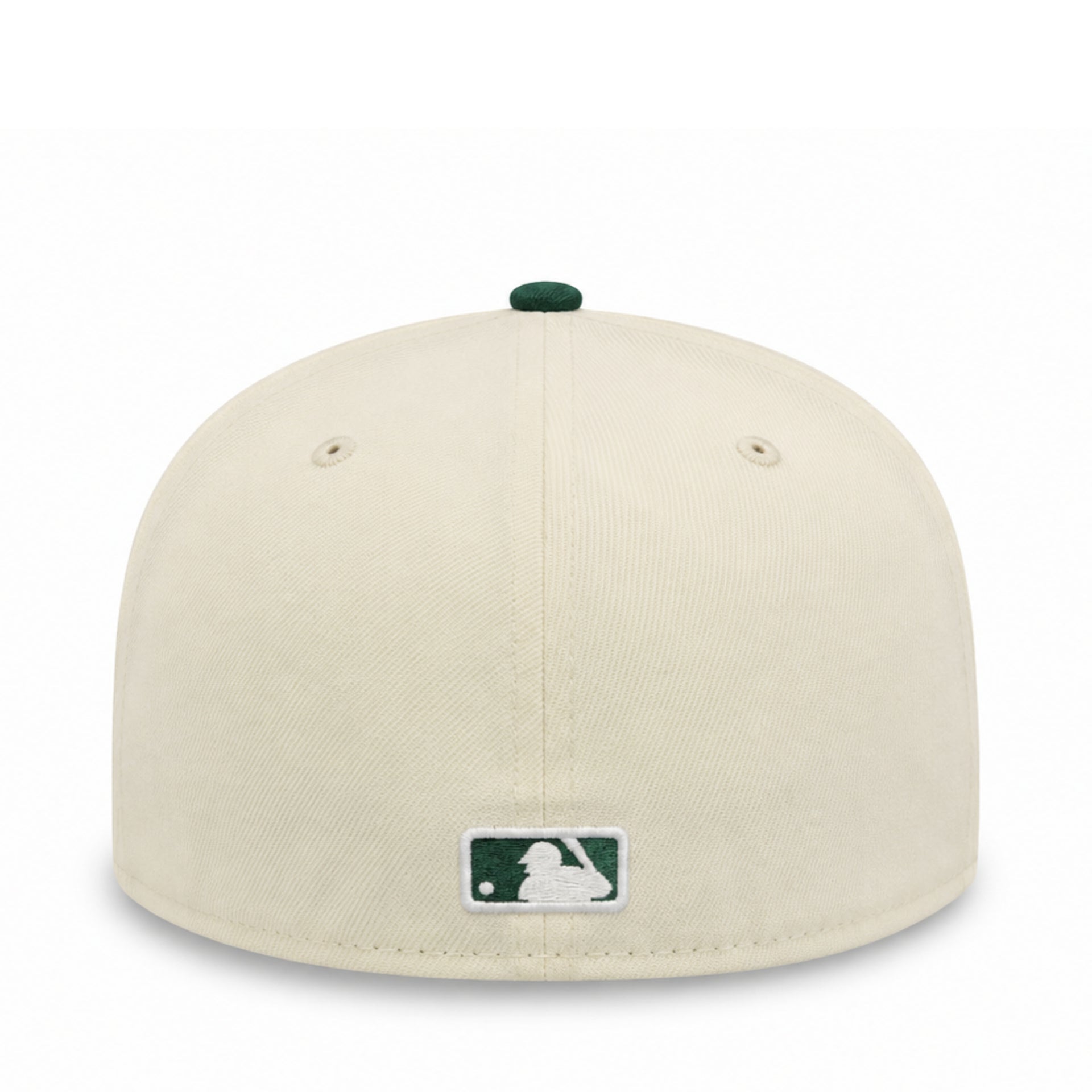 New Era Los Angeles Dodgers 59FIFTY fitted hat in chrome cream and dark green colorway with flat green brim and raised LA logo back view product image