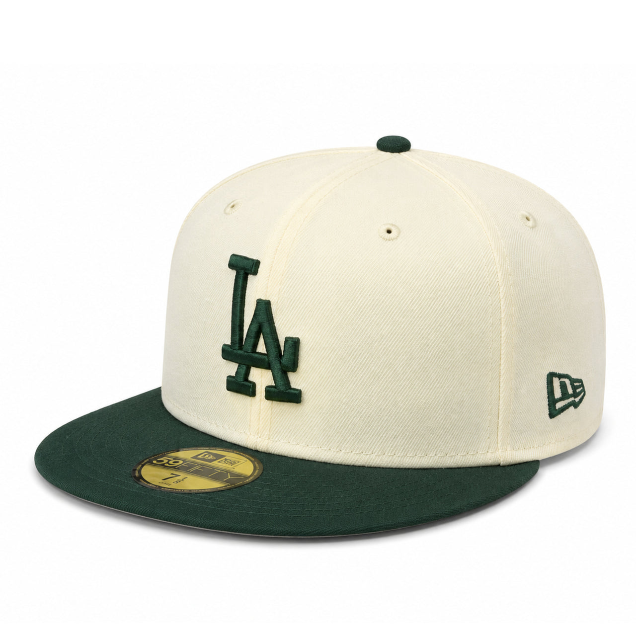 New Era Los Angeles Dodgers 59FIFTY fitted hat in chrome cream and dark green colorway with flat green brim and raised LA logo front view product image