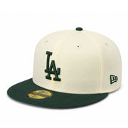 New Era Los Angeles Dodgers 59FIFTY fitted hat in chrome cream and dark green colorway with flat green brim and raised LA logo front view product image