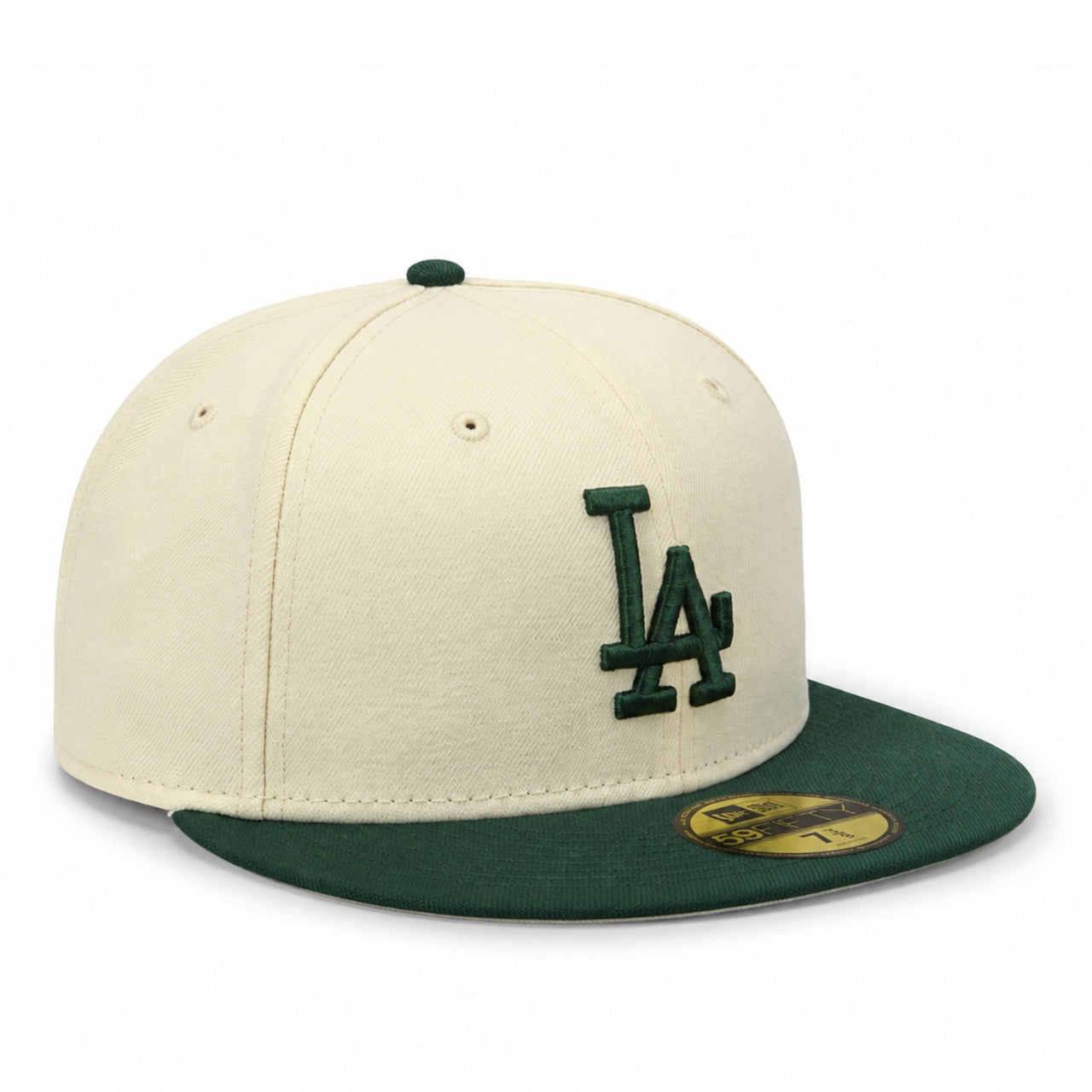 New Era Los Angeles Dodgers 59FIFTY fitted hat in chrome cream and dark green colorway with flat green brim and raised LA logo side view product image